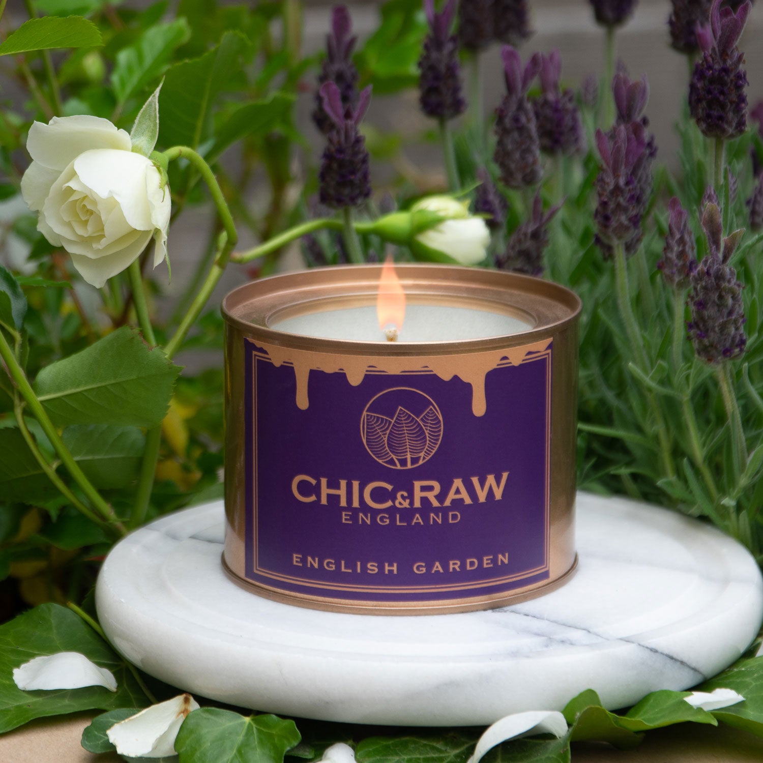 Close-up of lavender lily rose candle, natural soy wax, garden fragrance