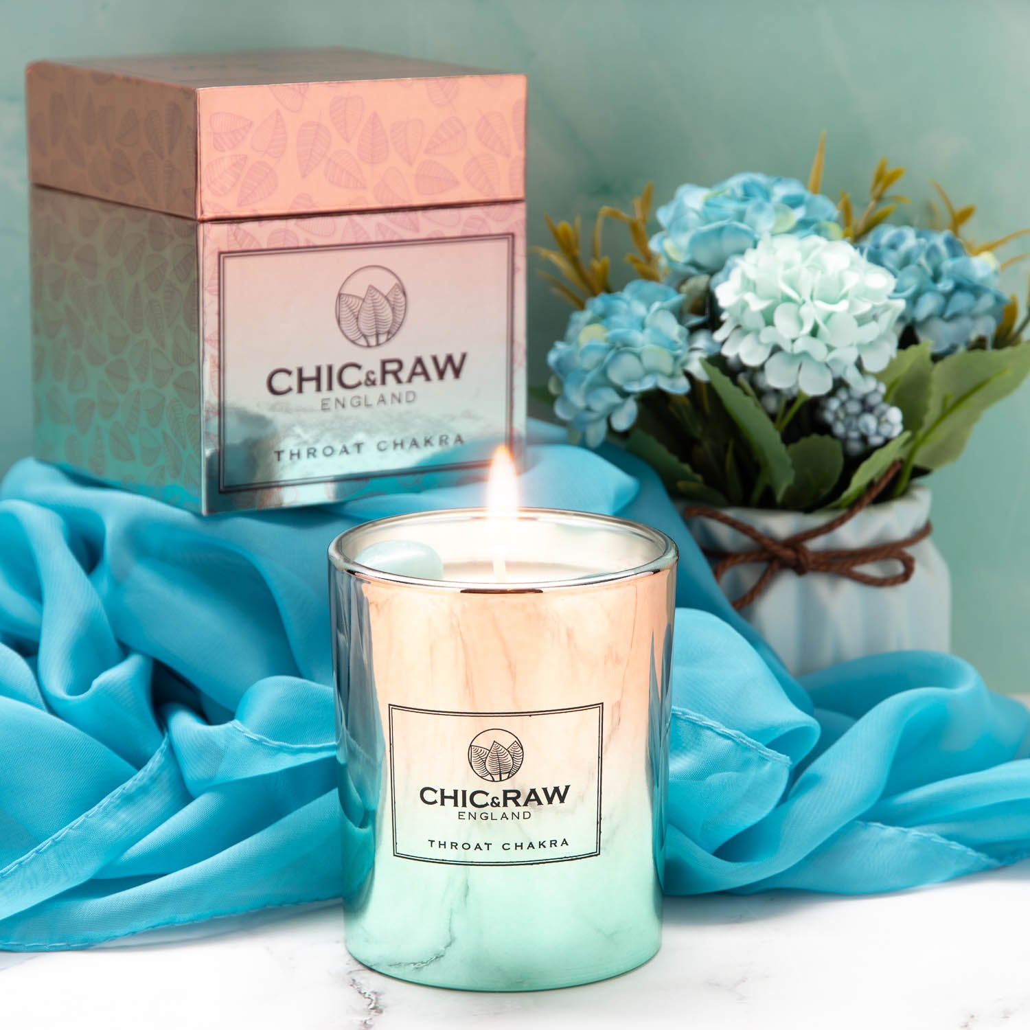 Throat chakra aquamarine candle in tin, luxury aromatherapy